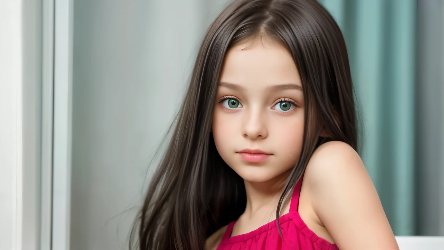 Russian girl, Small and delicate body, long black hair and green eyes、natural skin structure, Hyperrealismus, Dreamy girl