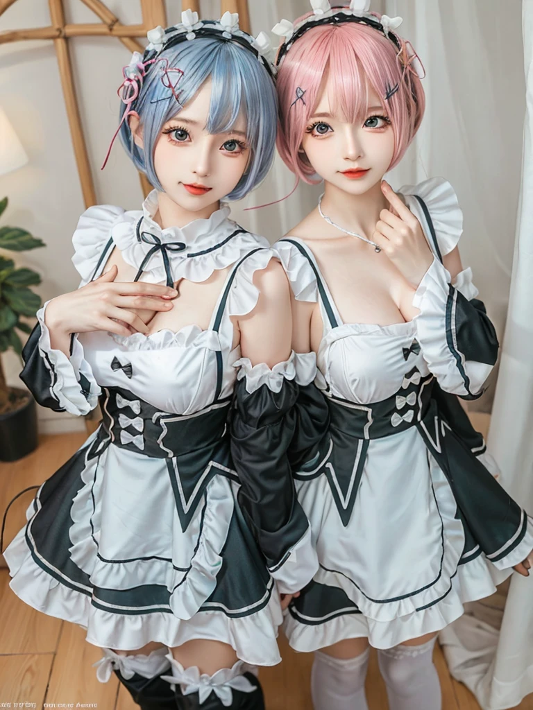 (8K, Photorealistic, Raw photo, of the highest quality: 1.3), (1girl in), Super beautiful, (Realistic face), (boyish, Silver Color Berry Shorthair), Beautiful , Glare that captivates the viewer, Beautiful expression, Beautiful breasts, (Realistic skin), Be...Create a detailed and colorful image of Ram and Rem from Re:Zero, standing back-to-back in their maid outfits, with a magical fantasy background、14years old, two girls,cute, perfect face, beautiful, nice body, gothic ****ta clothes, gothic ****ta fashion, frilly skirt, headdress, necklace, bracelet, knee-high socks, boots, double eyelids, tear bags, Detailed down to the fingers, photo-like description, indoors, dim indoor lighting, one girl is pink hair and short bob, another girl is light blue hair and short bob,standing, whole body, composition that shows the whole body, smiling,The Both of them are wearing the same type of maid outfit