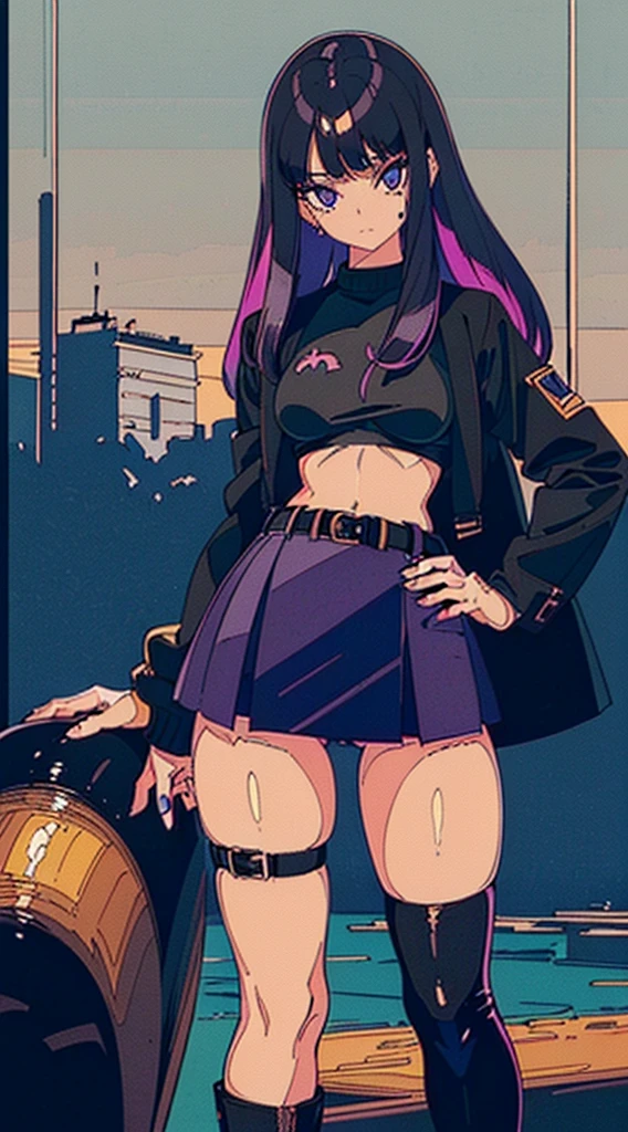 1990s, (masterpiece), high-definition, detailed face, cute girl, abs, (big tits: 1.4) big hips, round ass, (black hair with dark purple highlights: 1.4), (tight grey t-shirt: 1.4), (black jacket: 1.4), (purple tight skirt: 1.3), belt, (black thong: 1.2), thigh high stockings, boots, fishnet, pin-up pose, battleship bridge, sunset