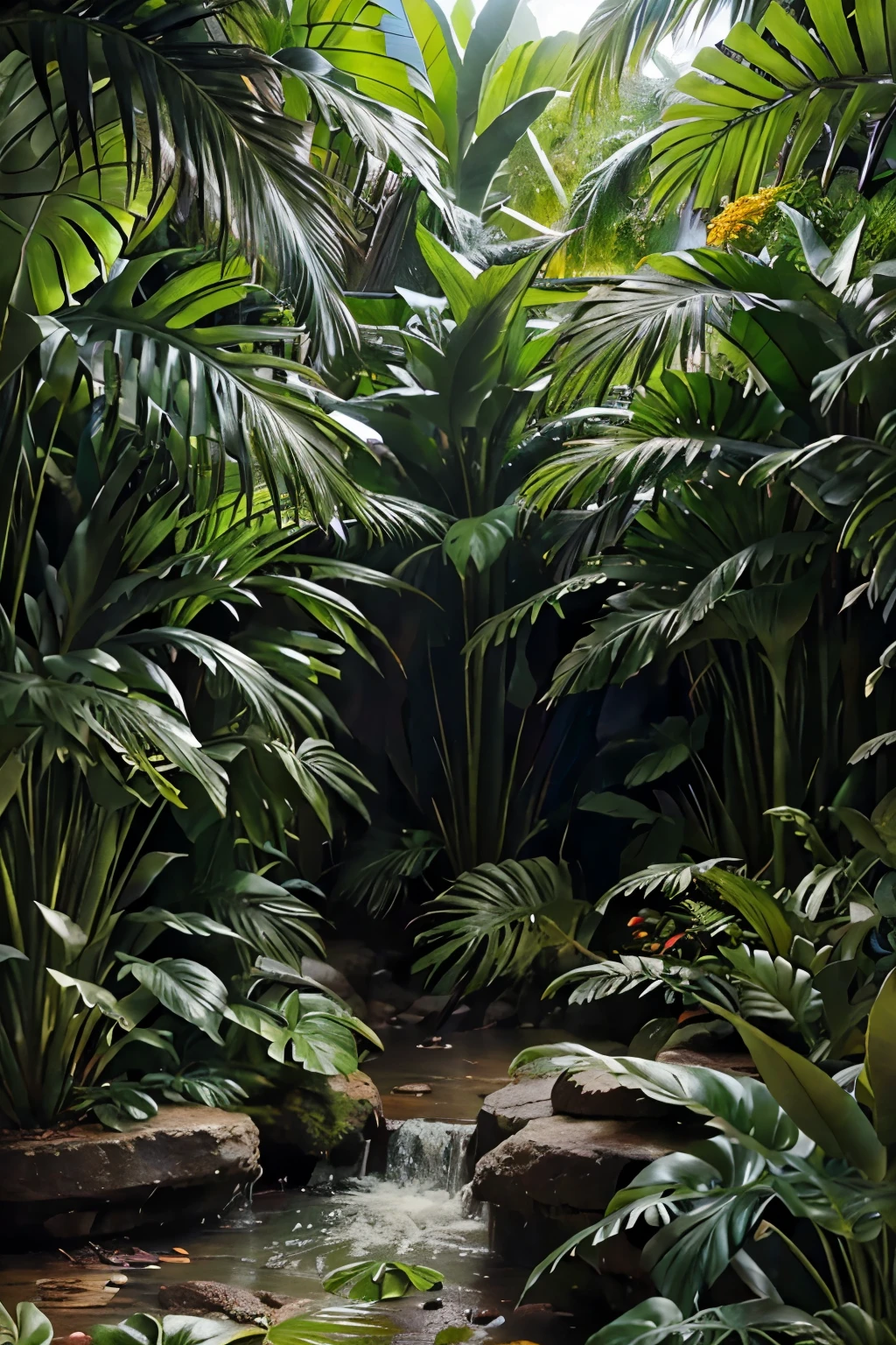 Beautiful hyper-realistic and super-detailed masterpiece that shows the vegetation of a tropical jungle with exotic, large-leaved plants,