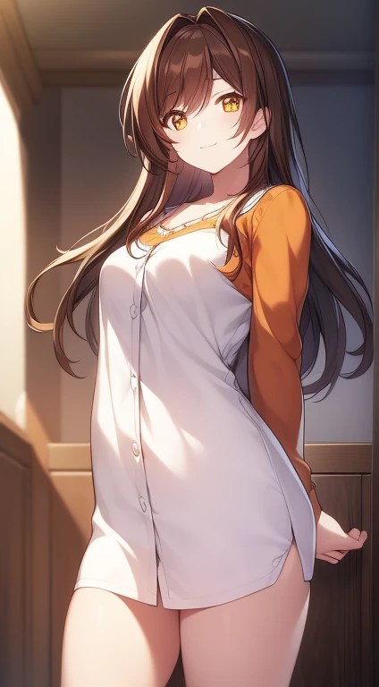 kasuki_toyama, brown hair, long hair, orange eyes, medium breast, casual clothes, standing, smiling, visual novel cg style, BREAK looking at viewer, BREAK (masterpiece:1.2), best quality, high resolution, unity' 8k wallpaper, (illustration:0.8), (beautiful detailed eyes:1.6), extremely detailed face, perfect lighting, extremely detailed CG, (perfect hands, perfect anatomy)