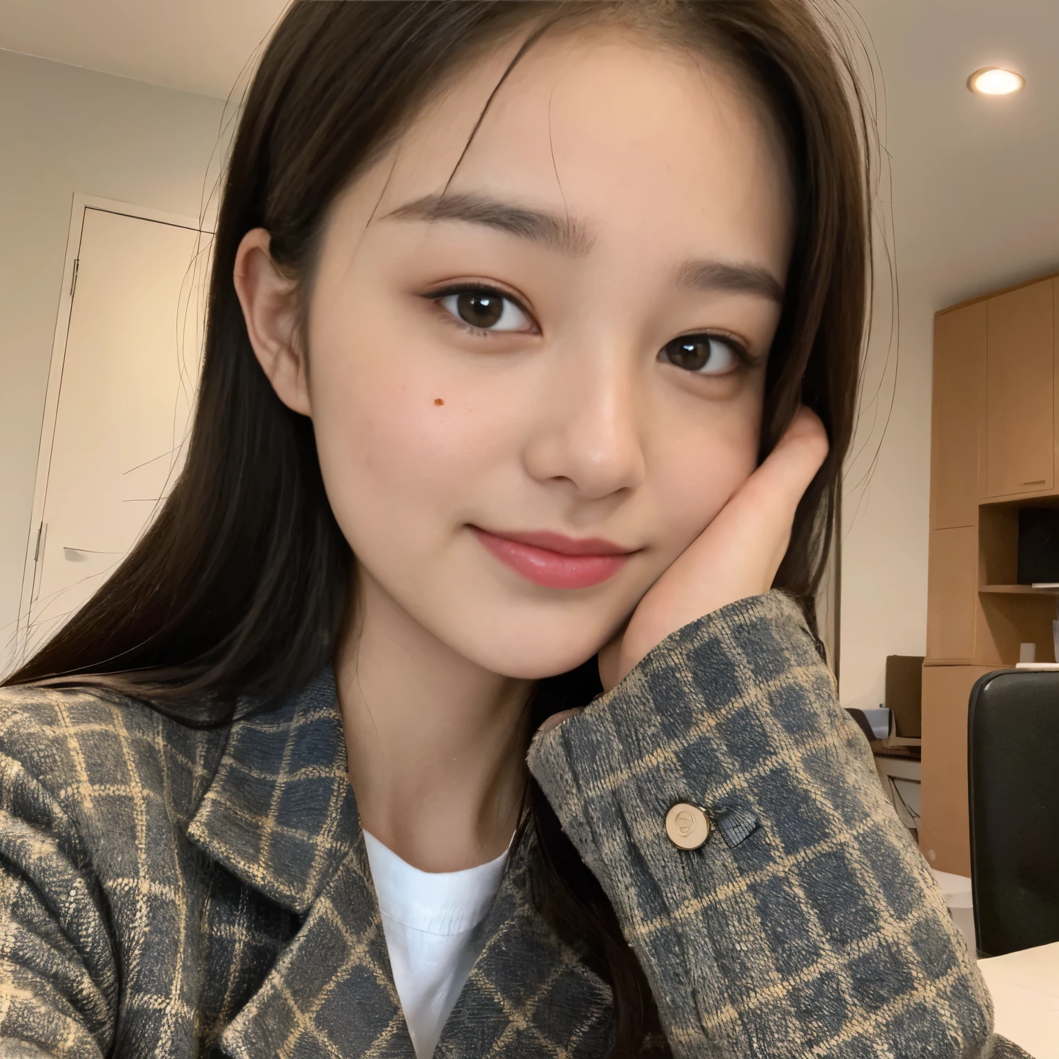 ((Best quality, 8K, Masterpiece :1.3)), 18-year-old Japanese high school student, elegant and slender figure: 1.3, Long, neatly-combed black hair: 1.2,  with plaid skirt and blouse: 1.2, Rosy cheeks and captivating smile: 1.4, Innocent and youthful expression: 1.5, Highly detailed facial and skin texture, Realistic and expressive eyes, Sitting in a studying pose, Hands resting on a textbook, Shy and demure demeanor, Apprehensive yet intriguing aura.