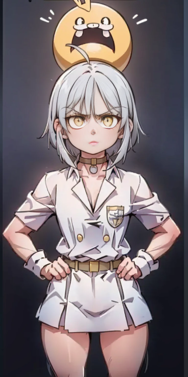 ((black background)) Ciel Lionheart kneel on WHITE sheet, short bob hair WHITE hair, YELLOW EYES, kindergarten_uniform,yellow hat,red school bag, leather choker collar slave , (hands on hips, clenching fist 👊 ✊️)