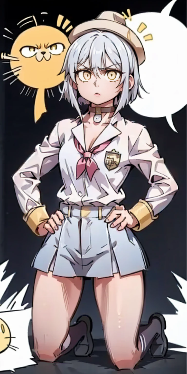 ((black background)) Ciel Lionheart kneel on WHITE sheet, short bob hair WHITE hair, YELLOW EYES, kindergarten_uniform,yellow hat,red school bag, leather choker collar slave , (hands on hips, clenching fist 👊 ✊️)