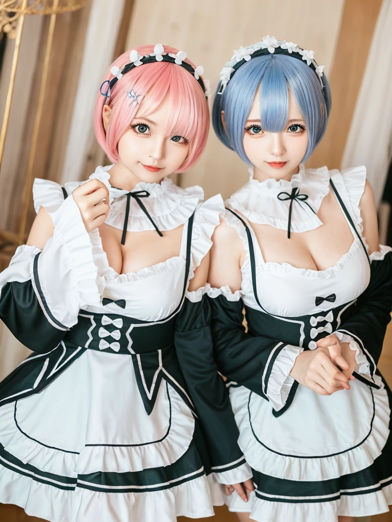 (8K, Photorealistic, Raw photo, of the highest quality: 1.3), (1girl in), Super beautiful, (Realistic face), (boyish, Silver Color Berry Shorthair), Beautiful , Glare that captivates the viewer, Beautiful expression, Beautiful breasts, (Realistic skin), Be...Create a detailed and colorful image of Ram and Rem from Re:Zero, standing back-to-back in their maid outfits, with a magical fantasy background、ars old, two girls,cute, perfect face, beautiful, nice body, gothic lolita clothes, gothic lolita fashion, frilly skirt, headdress, necklace, bracelet, knee-high socks, boots, double eyelids, tear bags, Detailed down to the fingers, photo-like description, indoors, dim indoor lighting, one girl is pink hair and short bob, another girl is light blue hair and short bob,standing, whole body, composition that shows the whole body, smiling,The Both of them are wearing the same type of maid outfit