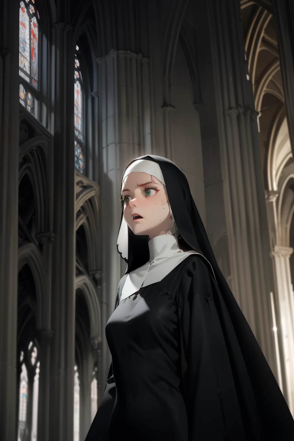 A nun with red hair and green eyes clad in gray clothes stands frightened in the cathedral, her semi-transparent habit revealing delicate outlines. her thin glossy lips quiver in fear as her detailed eyes express a deep sense of disturbance. The multiple angles of this 1.2 full body photo show her wavering figure, one angle highlighting her scared face with a trembling chin, another revealing the intricate design of her habit, and yet another capturing the detailed expression of her terrified gaze. The play of light and shadow in the cathedral accentuates her thin frame and the transparency of her clothes, adding to the eerie and suspenseful atmosphere. The photo is of the highest quality