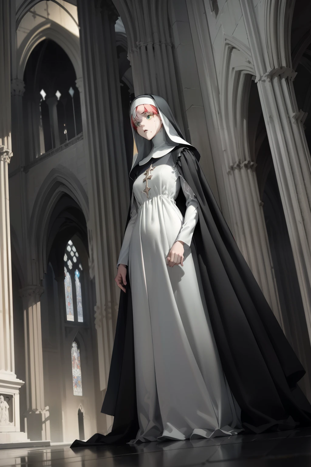 A nun with red hair and green eyes clad in gray clothes stands frightened in the cathedral, her semi-transparent habit revealing delicate outlines. her thin glossy lips quiver in fear as her detailed eyes express a deep sense of disturbance. The multiple angles of this 1.2 full body photo show her wavering figure, one angle highlighting her scared face with a trembling chin, another revealing the intricate design of her habit, and yet another capturing the detailed expression of her terrified gaze. The play of light and shadow in the cathedral accentuates her thin frame and the transparency of her clothes, adding to the eerie and suspenseful atmosphere. The photo is of the highest quality