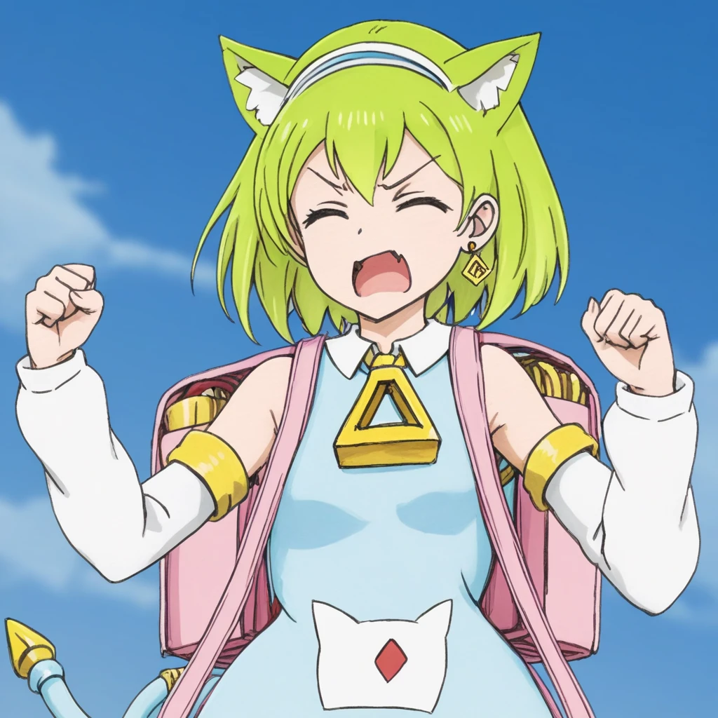 1 girl,Deltamon,blue tail,
looking at the viewer,angry face,blue sky,from below,open your mouth,raise one hand, clenched fist,Close ~ eyes