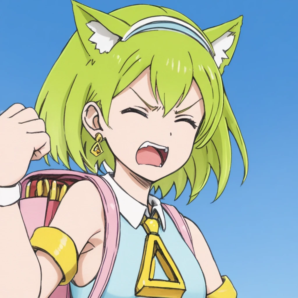1 girl,Deltamon,blue tail,
looking at the viewer,angry face,blue sky,from below,open your mouth,raise one hand, clenched fist,Close ~ eyes