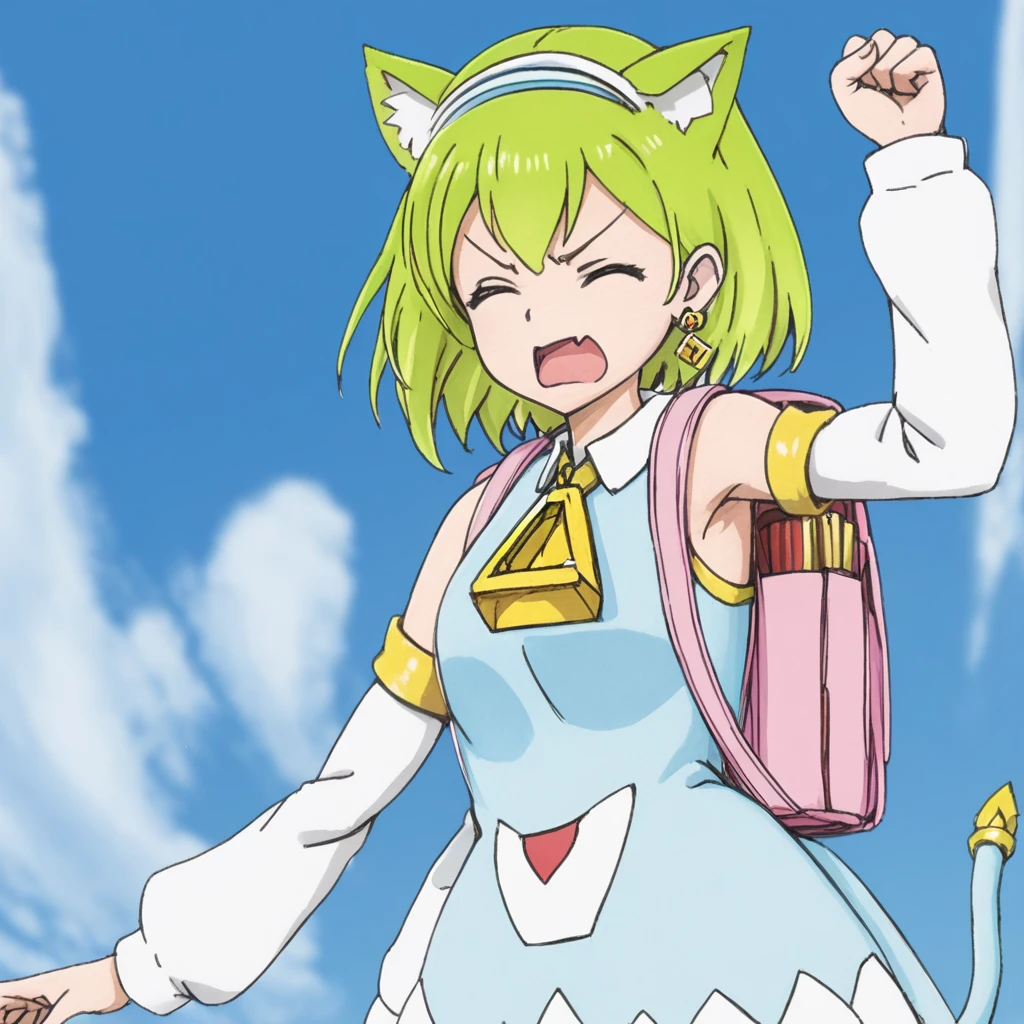 1 girl,Deltamon,blue tail,
looking at the viewer,angry face,blue sky,from below,open your mouth,raise one hand, clenched fist,Close ~ eyes