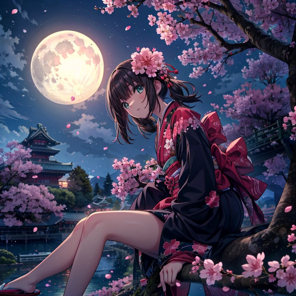 (masterpiece), best quality, 1girl, solo, a girl wearing pink kimono laying down on top of a tree with cherry blossoms at night, raise her head, 1girl, solo, black hair, twintails, japanese clothes,kimono, obi, sash, geta, okobo, sitting, sitting in tree, bare legs,  cherry blossoms, sakura, petals, sakura fubuki, branch, moon, full moon, Colorful portraits