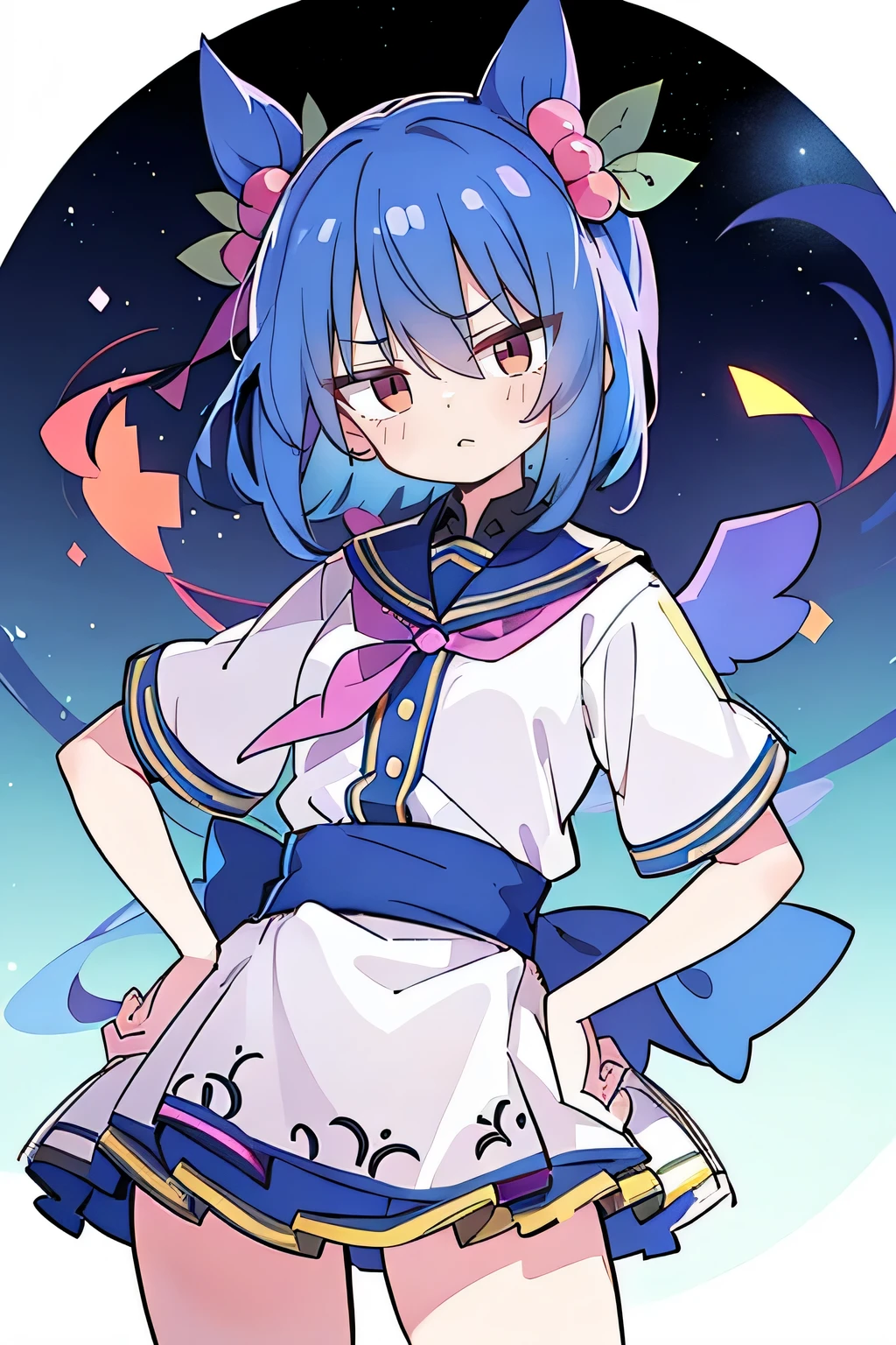 (masterpiece),best quality, expressive eyes, perfect face, 1girl,
 Put your hands on your waist,fair, Gorgeous,Japanese cartoons,girl,lola,Hina Angel, blue hair, blue haired, floating clothes,Grab your waist, Grab your waist, hands on ???? , hands on ????,flat ?????,sit on the floor,starry sky,