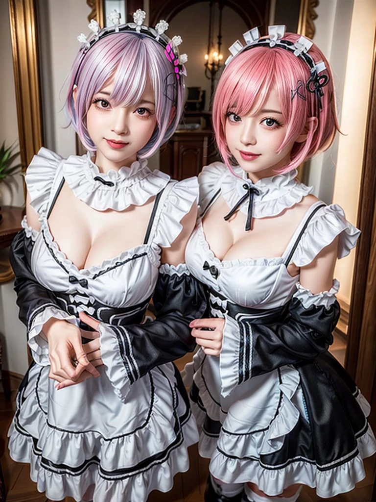 (8K, Photorealistic, Raw photo, of the highest quality: 1.3), (1girl in), Super beautiful, (Realistic face), (boyish, Silver Color Berry Shorthair), Beautiful , Glare that captivates the viewer, Beautiful expression, Beautiful breasts, (Realistic skin), Be...Create a detailed and colorful image of Ram and Rem from Re:Zero, standing back-to-back in their maid outfits, with a magical fantasy background、14years old, two girls, sexy body, big breasts,cute, perfect face, beautiful, nice body, gothic ta clothes, gothic loliashion, frilly skirt, headdress, necklace, bracelet, knee-high socks, boots, double eyelids, tear bags, Detailed down to the fingers, photo-like description, indoors, dim indoor lighting, one girl is pink hair and short bob, another girl is light blue hair and short bob,standing, whole body, composition that shows the whole body, smiling,The Both of them are wearing the same type of maid outfit