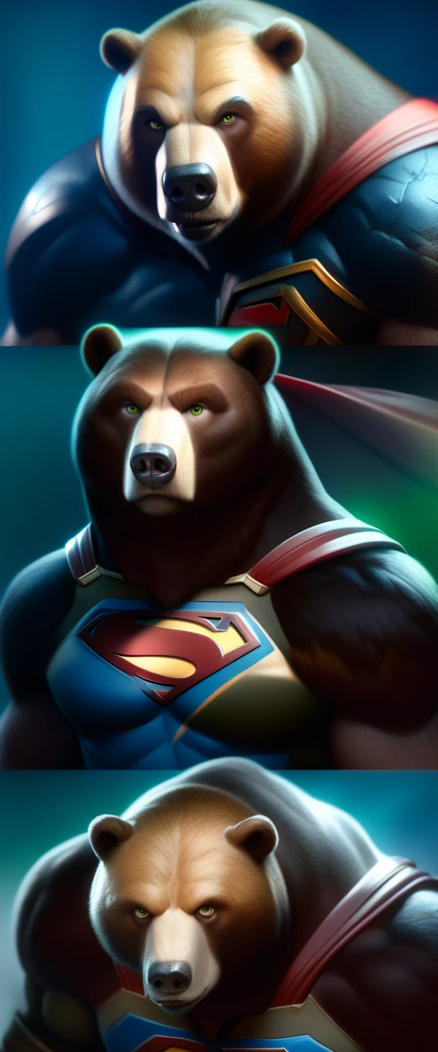 8K realistic portrait of a macro bear male muscular gay background from South Africa looking at the viewer as serious green eyes expression wearing a 3D cinematic style Superman cosplay