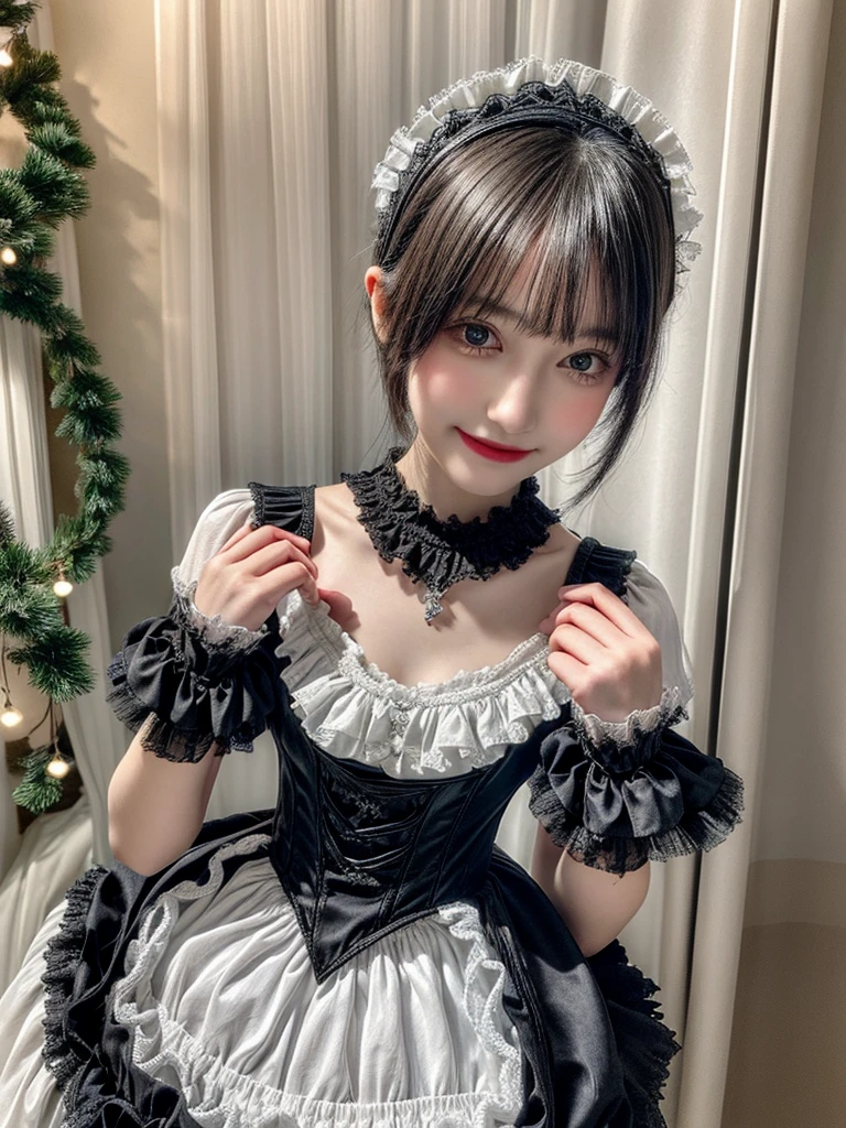 (8K, Photorealistic, Raw photo, of the highest quality: 1.3), (1girl in), Super beautiful, (Realistic face), (boyish, Silver Color Berry Shorthair), Beautiful , Glare that captivates the viewer, Beautiful expression, Beautiful breasts, (Realistic skin), Be...Super high quality, super high definition, super detailed, masterpiece, 20years old, female, cute, perfect face, beautiful, nice body, gothic lolita clothes, gothic lolita fashion, frilly skirt, headdress, necklace, bracelet, knee-high socks, boots, double eyelids, tear bags, Detailed down to the fingers, photo-like description, indoors, dim indoor lighting, big breasts, black hair, semi long, standing, whole body, composition that shows the whole body, smiling