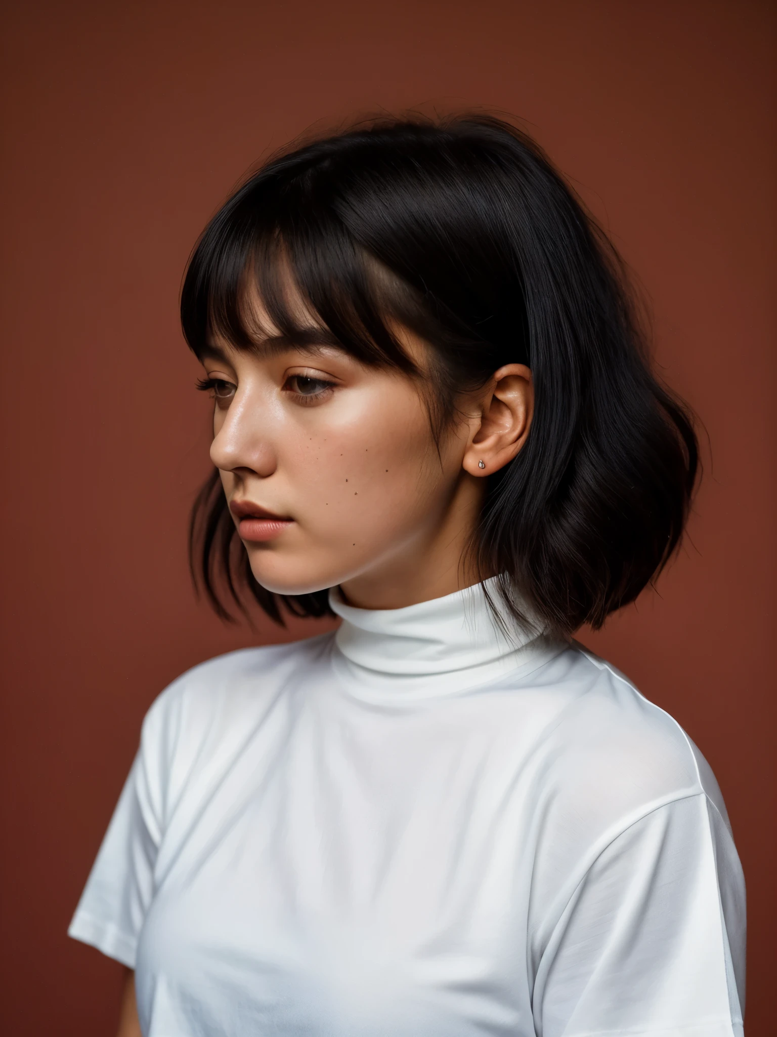 A stunning intricate full color portrait of (sks woman:1), wearing a white cropped t-shirts with "A's" written on it, cropped turtleneck, dark red plain background, epic character composition, by ilya kuvshinov, alessio albi, nina masic, sharp focus, natural lighting, subsurface scattering, f1.8, 35mm, film grain, black bun hair, (((black hair))), side bang, best hair volume