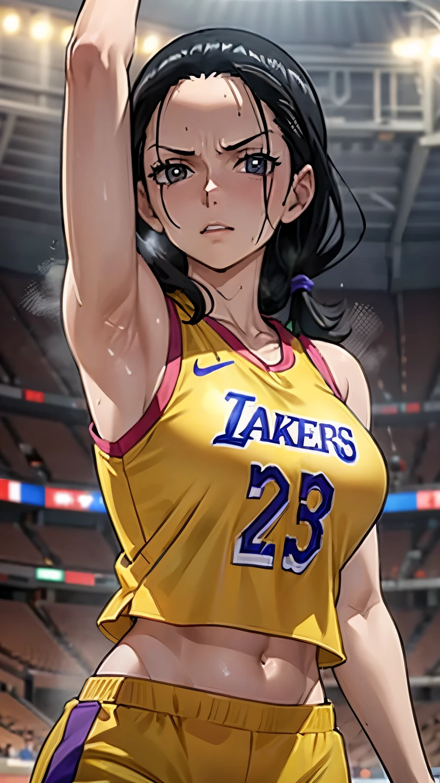 a close up of a person wearing a basketball uniform, a picture, inspired by Kentaro Miura, trending on pixiv, Nico Robin, One Piece, wearing yellow nba jersey, yellow croptop nba jersey, wearing a low cut croptop, wearing croptop, croptop, the word "Lakers" on the croptop, golden raito, (winking), shirobako, large)}], favorite scene, fine details. anime. skins, sweating, big breasts, both hands raised, armpits, armpits visible, dripping with sweat, more more sweat, sweaty armpits