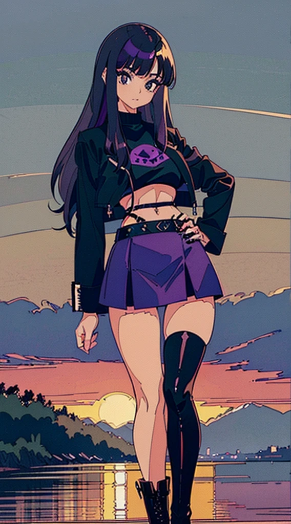 1990s, (masterpiece), high-definition, detailed face, cute girl, abs, (big tits: 1.4) big hips, round ass, (black hair with dark purple highlights: 1.4), (tight grey t-shirt: 1.4), (black jacket: 1.4), (purple tight skirt: 1.3), belt, (black thong: 1.2), thigh high stockings, boots, fishnet, pin-up pose, Buenos Aires, sunset