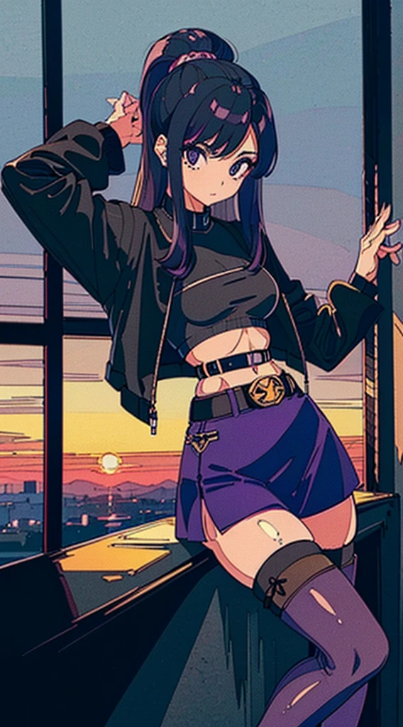 1990s, (masterpiece), high-definition, detailed face, cute girl, abs, (big tits: 1.4) big hips, round ass, (black hair with dark purple highlights: 1.4), (tight grey t-shirt: 1.4), (black jacket: 1.4), (purple tight skirt: 1.3), belt, (black thong: 1.2), thigh high stockings, boots, fishnet, pin-up pose, Buenos Aires, sunset