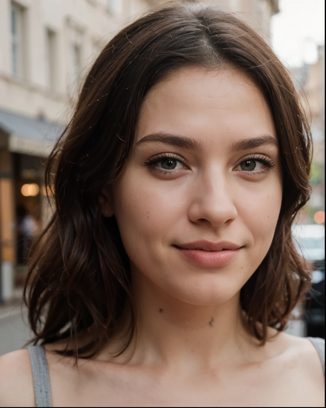 Jolie belle brune européenne sexy aux yeux vert clair, 22 ans, 

la fille porte un pull blanc, regular fit, regular length, jean coupe skinny, talons, (Cutaneous teeth),la fille est au centre, l&#39;arrière-plan est flou, profondeur de champ, seductive sardonic smile, shopping street,

 taille, Very detailed, visage innocent, longueur du visage 1.3 fois la largeur du visage, yeux en amande, square face shape, pommettes saillantes, naturally wavy hair, yeux vert clair, high resolution, chef-d&#39;artwork, best quality, intricate details, Very detailed, sharpness, Detailed skin, Realistic skin texture, texture, detailed eyes, professionnel, 4k, sourire charmant, shot with Canon, profondeur de champ, couleur de vision kodak, corps parfaitement ajusté, extremely detailed, photo_\( ultra\), photoRealistic, Realistic, post-traitement, Maximum details, roughness, vrai vie, ultraRealistic, photorealism, La photographie, 8k euh, La photographie
