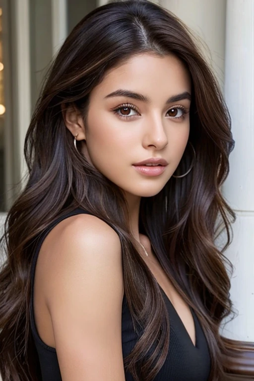 arafed woman with long brown hair and a black top posing for a picture, instagram influencer photo, madison beer girl portrait, photo of a beautiful woman, gorgeous latina face, gorgeous young model, beautiful young woman, girl with dark brown hair, very beautiful young woman, beautiful female model, beautiful model, very pretty model, gorgeous beautiful woman