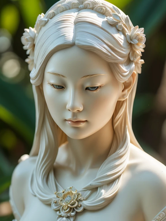 (masterpiece, Best quality, A high resolution:1.4), detailed, many small details, complex intricate details, filigree execution; 8K; detailed life-size statue of a miniature beautiful nude Asian girl in full height; material: marble, Gypsum, Ivory, plant environment; increased detail of the face and hands, реалистичный блеск полированного marbleа; line art, art, Fibonacci,