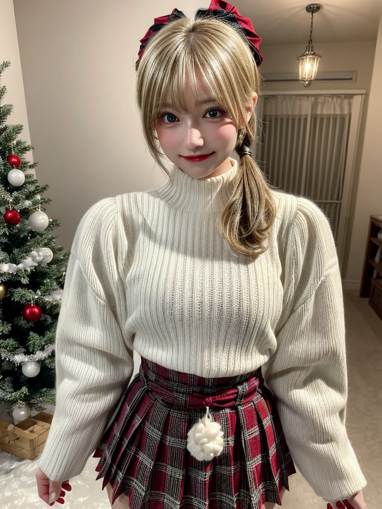 Super high quality, super high definition, super detailed, masterpiece, 20 years old, female, cute, nice body, perfect face, beautiful, white knit sweater, winter clothes, pleated skirt, red and black checked skirt, long skirt,necklace, bracelet, knee-high socks, boots, double eyelids, tear bags, fingers. Detailed, photo-like description, indoors, dim indoor lighting, blonde hair, pony tail,standing, whole body, composition that shows the whole body, smiling,