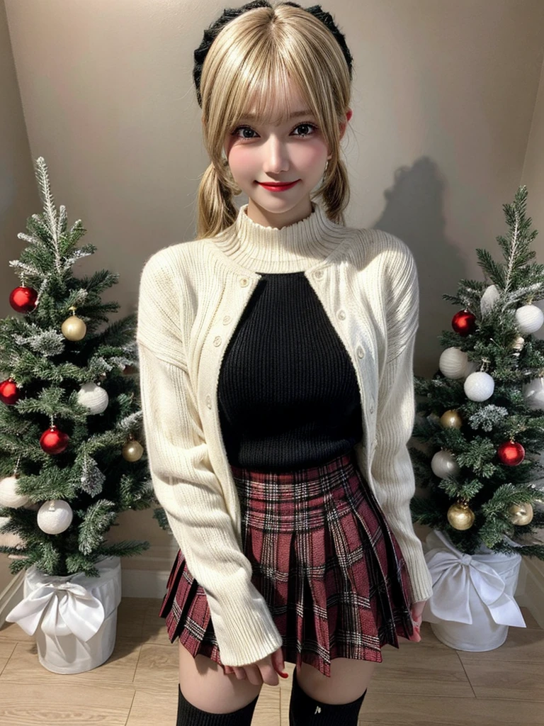 Super high quality, super high definition, super detailed, masterpiece, 20 years old, female, cute, nice body, perfect face, beautiful, white knit sweater, winter clothes, pleated skirt, red and black checked skirt, long skirt,necklace, bracelet, knee-high socks, boots, double eyelids, tear bags, fingers. Detailed, photo-like description, indoors, dim indoor lighting, blonde hair, pony tail,standing, whole body, composition that shows the whole body, smiling,