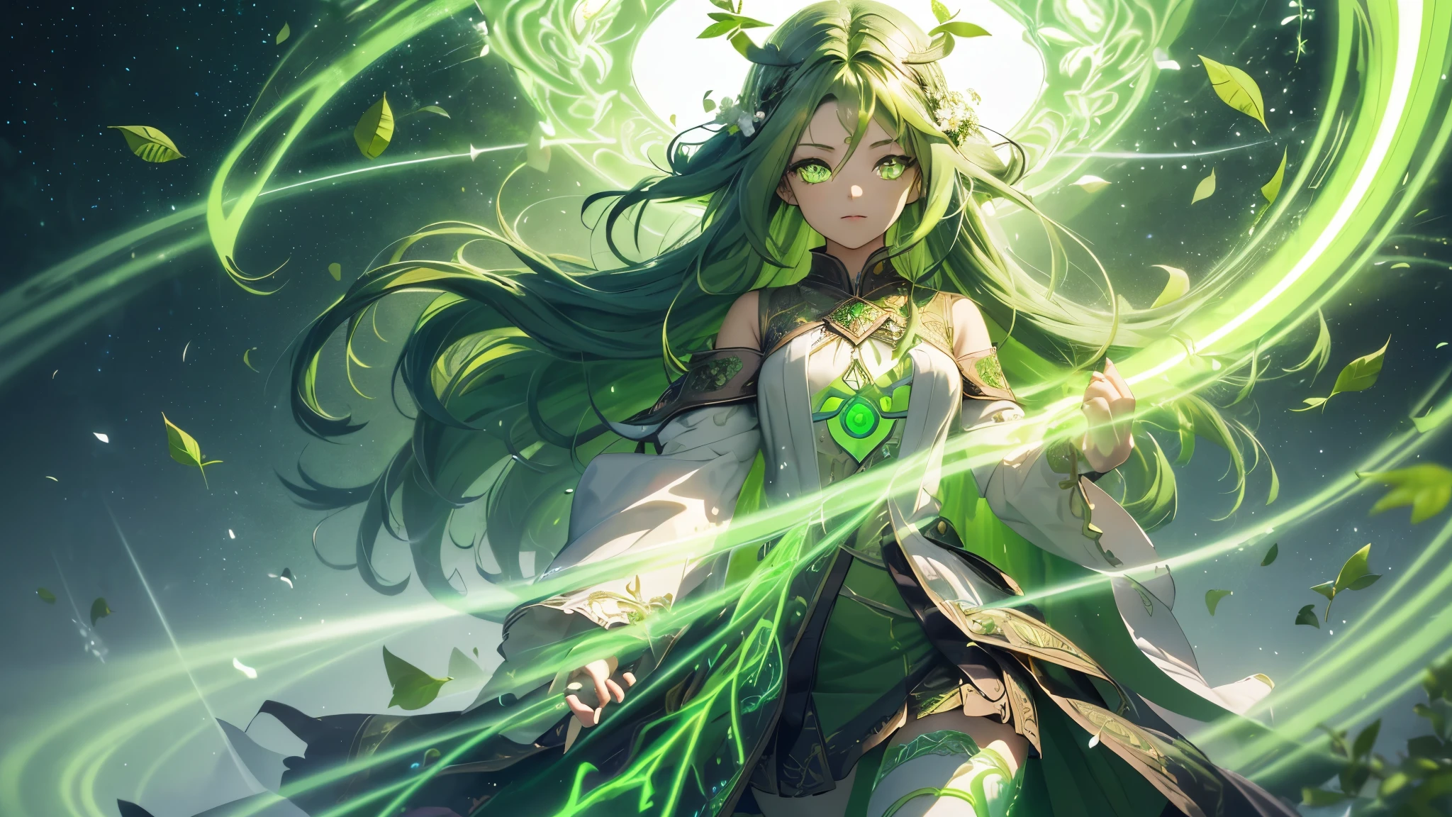 a goddess of life, mature look, mature body, (leaf green hair streaked glowing green:1.6), (super large low twin long braids), wavy hair, floating hair, hair strand, (glowing phantom green eyes:1.6), aqua eyes, pupils sparkling, longeyelashes, eye reflection, (((Glowing silver-green half-helmet))), ((A short skirt made of many leaves)), (Green thigh stockings), Leaf green boots, Glowing flower hairclip, flower earrings, ((Glowing clothing masterpiece)), (Hand holding long branch with small white flowers and leaves:1.4), (((A large green glowing magic circle at your feet))), (((A huge leaf totem floats upright behind the back))), (((A halo composed of various greens on the head))), Many leaves are flying around the body, Random expressions, Random pose, (Floating on cloud), green god rays, Focus on face, Highly detailed face, high quality clothes, anime, Futurism, chiaroscuro, motion blur, sparkle, glowing light, reflection light, ray tracing, UHD, retina, ccurate, masterpiece, super detail, best quality