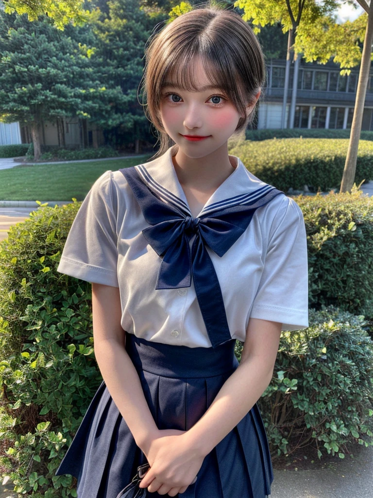 (8K, Photorealistic, Raw photo, of the highest quality: 1.3), (1girl in), Super beautiful, (Realistic face), (boyish, Silver Color Berry Shorthair), Beautiful , Glare that captivates the viewer, Beautiful expression, Beautiful breasts, (Realistic skin), Be...Super high quality, super high definition, super detailed, masterpiece, “The thought of Aoyama, a 17-year-old high school girl with light brown long hair tied up high with a barrette. She wears a navy blue sailor and a navy blue skirt uniform with a red ribbon, white loose socks, loafers, has big eyes, and is a beautiful girl.”standing, whole body, composition that shows the whole body, smiling