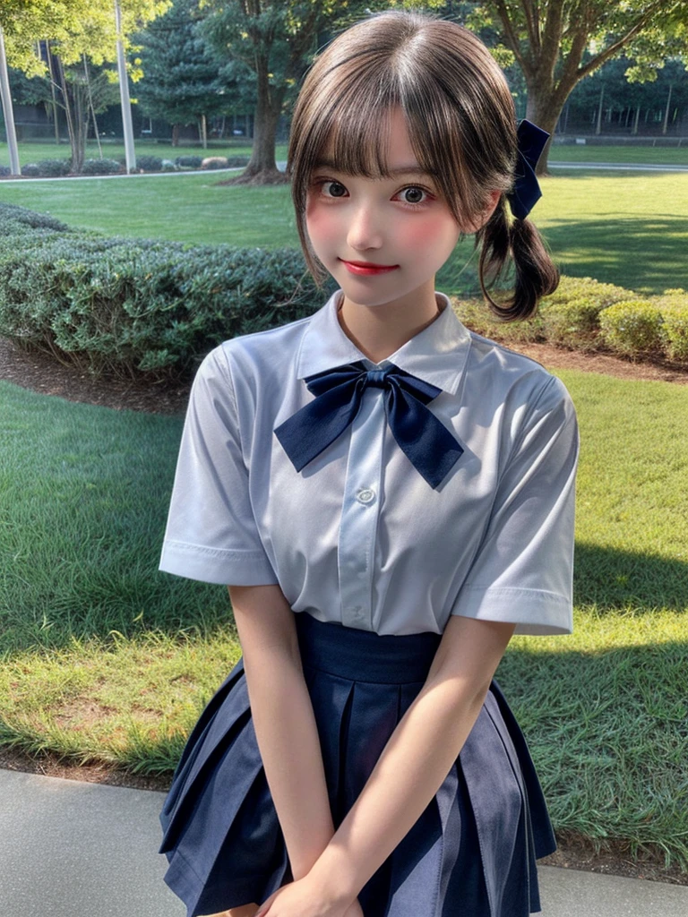 (8K, Photorealistic, Raw photo, of the highest quality: 1.3), (1girl in), Super beautiful, (Realistic face), (boyish, Silver Color Berry Shorthair), Beautiful , Glare that captivates the viewer, Beautiful expression, Beautiful breasts, (Realistic skin), Be...Super high quality, super high definition, super detailed, masterpiece, “The thought of Aoyama, a 17-year-old high school girl with light brown long hair tied up high with a barrette. She wears a navy blue sailor and a navy blue skirt uniform with a red ribbon, white loose socks, loafers, has big eyes, and is a beautiful girl.”standing, whole body, composition that shows the whole body, smiling