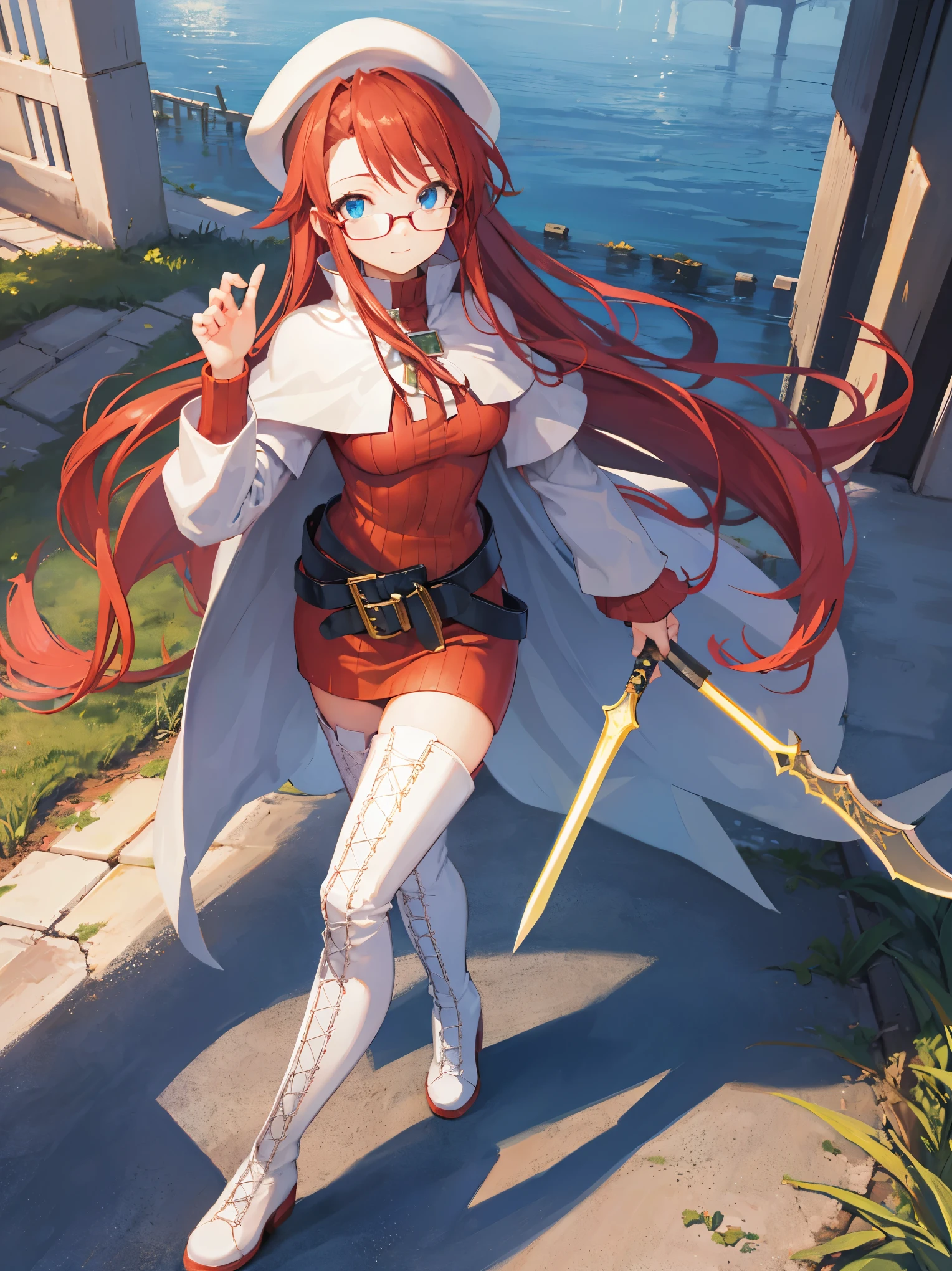 summonnightaty, aty, long hair, blue eyes, red hair, beret, hat, glasses,
BREAK long hair, thighhighs, hat, dress, boots, glasses, belt, cape, sweater, zettai ryouiki, beret, thigh boots, white footwear, ribbed sweater, loose belt,solo,
BREAK outdoors, fantasy_town,
BREAK (masterpiece:1.2), best quality, high resolution, unity 8k wallpaper, (illustration:0.8), (beautiful detailed eyes:1.6), extremely detailed face, perfect lighting, extremely detailed CG, (perfect hands, perfect anatomy),covered_nipples,covered_navel,light_smile ,(half_eyes:1.4),sword,armpit,sleepy,walking,barrel,red_sweater,apart_legs,