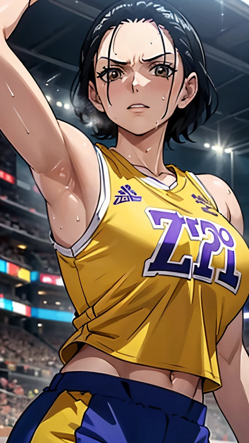 a close up of a person wearing a basketball uniform, a picture, inspired by Kentaro Miura, trending on pixiv, Nico Robin, One Piece, wearing yellow nba jersey, yellow croptop nba jersey, wearing a low cut croptop, wearing croptop, croptop, the word "Lakers" on the croptop, golden raito, (winking), shirobako, large)}], favorite scene, fine details. anime. skins, sweating, big breasts, both hands raised, armpits, armpits visible, dripping with sweat, more more sweat, sweaty armpits