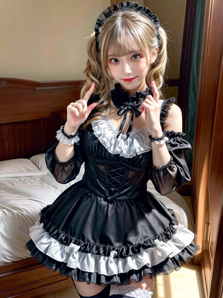 (8K, Photorealistic, Raw photo, of the highest quality: 1.3), (1girl in), Super beautiful, (Realistic face), (boyish, Silver Color Berry Shorthair), Beautiful , Glare that captivates the viewer, Beautiful expression, Beautiful breasts, (Realistic skin), Be...Super high quality, super high definition, super detailed, masterpiece, 20years old, female, cute, perfect face, beautiful, nice body, gothic lolita clothes, gothic lolita fashion, frilly skirt, headdress, necklace, bracelet, knee-high socks, boots, double eyelids, tear bags, Detailed down to the fingers, photo-like description, indoors, dim indoor lighting, blonde hair, twin tail, standing, whole body, composition that shows the whole body, smiling
