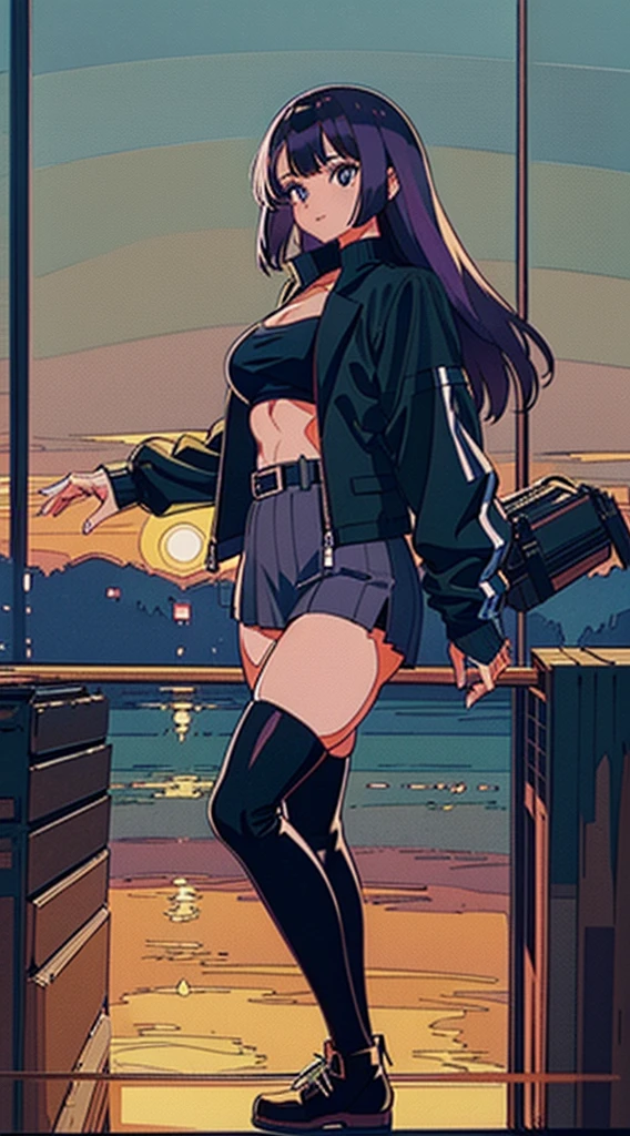 1990s, (masterpiece), high-definition, detailed face, cute girl, abs, (big tits: 1.4) big hips, round ass, (black hair with dark purple highlights: 1.4), (tight grey t-shirt: 1.4), (black jacket: 1.4), (purple tight skirt: 1.3), belt, (black thong: 1.2), thigh high stockings, boots, fishnet, pin-up pose, balcony, glass railing, sunset