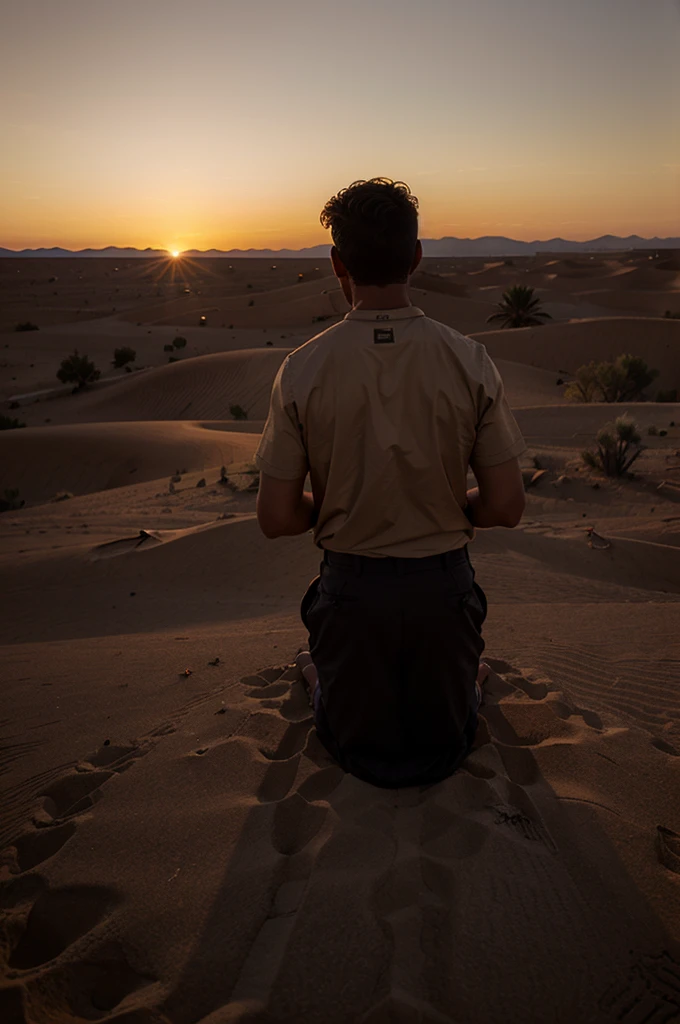 Man praying in the desert sunset