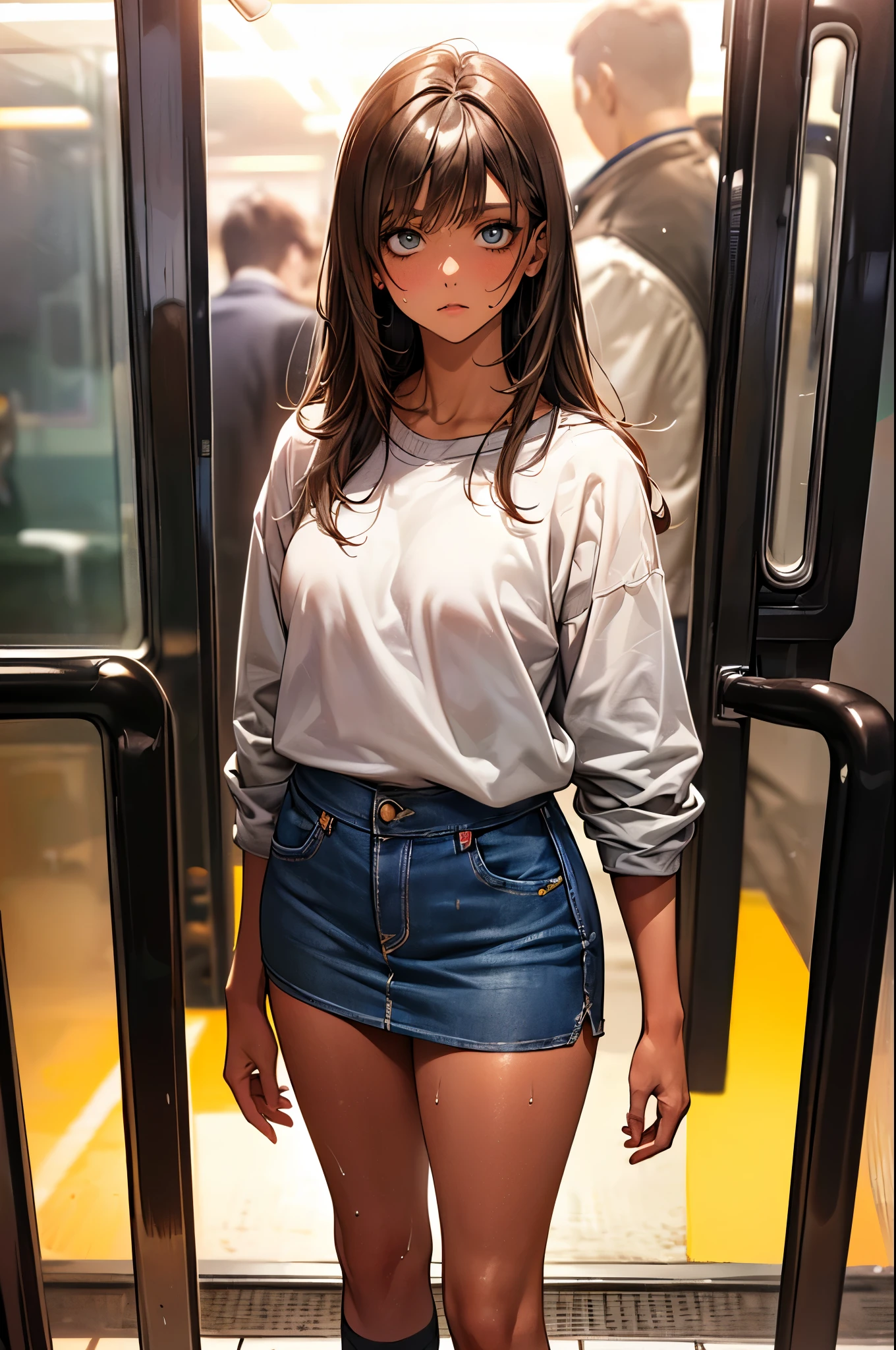 ((perfect anatomy:1.2,realistic:1.3,RAW Photography:1.3,masterpiece、highest quality、Ultra - High resolution、High resolution、Highly detailed CG、8K)),cowboy shot,1 female,solo,18 year old beauty, Japanese、((beautiful detailed face and eyes:1.2,big gorgeous eyes:1.2)),dark brown hair,long hair,bangs,medium breasts,slender body,small head:1.5,skinny,(brown skin:1.4),(oily skin,gleaming skin,shiny skin,sweat),((Oversized light_gray sweatshirt,Denim tight mini skirt))、(white socks、black loafer shoes),standing,on the train,Tokyo、