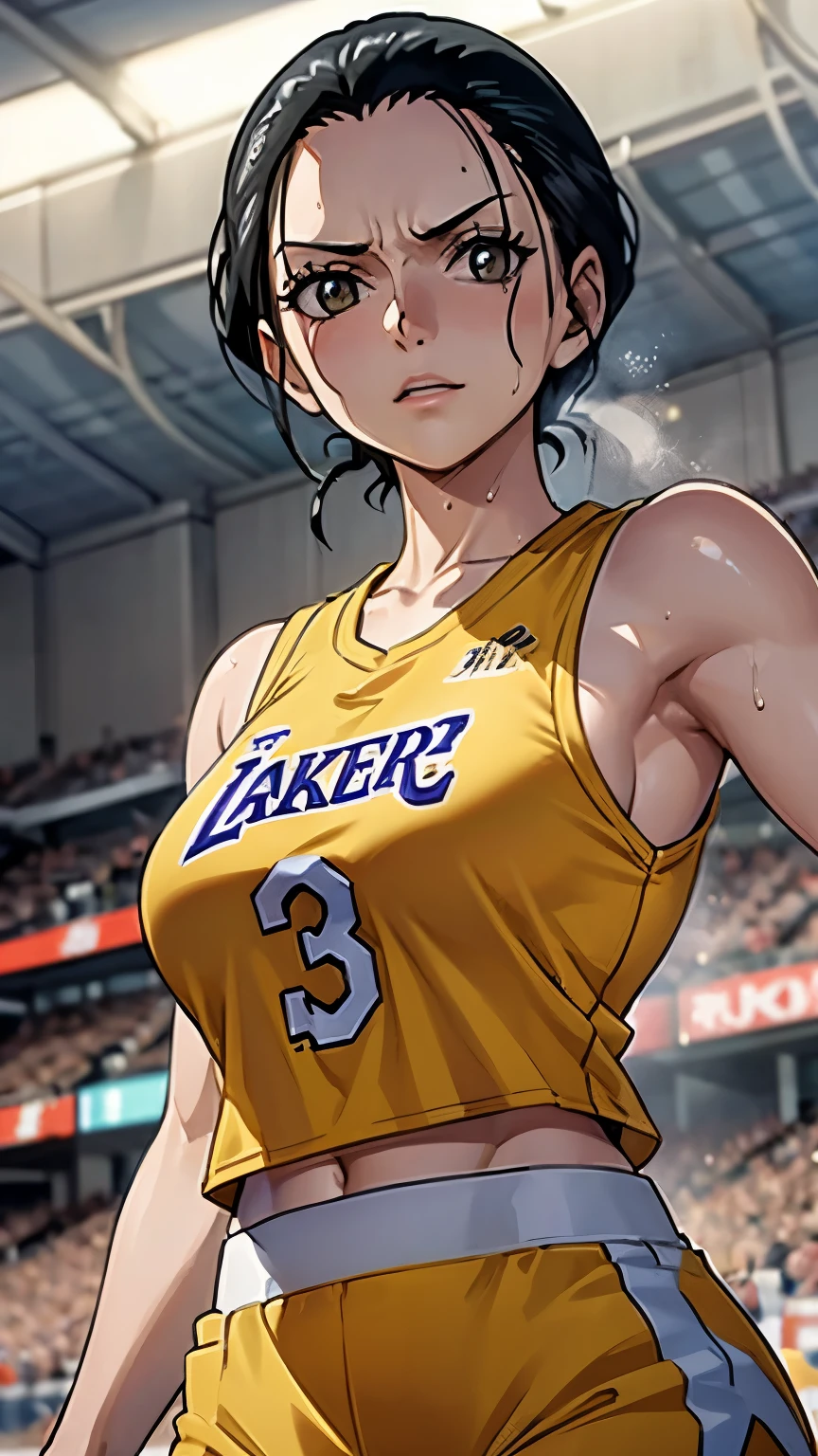 a close up of a person wearing a basketball uniform, a picture, inspired by Kentaro Miura, trending on pixiv, Nico Robin, One Piece, wearing yellow nba jersey, yellow croptop nba jersey, wearing a low cut croptop, wearing croptop, croptop, the word "Lakers" on the croptop, golden raito, (winking), shirobako, large)}], favorite scene, fine details. anime. skins, sweating, big breasts, both hands raised, armpits, armpits visible, dripping with sweat, more more sweat, sweaty armpits