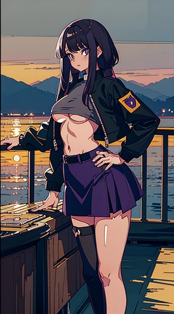 1990s, (masterpiece), high-definition, detailed face, cute girl, abs, (big tits: 1.4) big hips, round ass, (black hair with dark purple highlights: 1.4), (tight grey t-shirt: 1.4), (black jacket: 1.4), (purple tight skirt: 1.3), belt, (black thong: 1.2), thigh high stockings, boots, fishnet, pin-up pose, balcony, glass railing, sunset