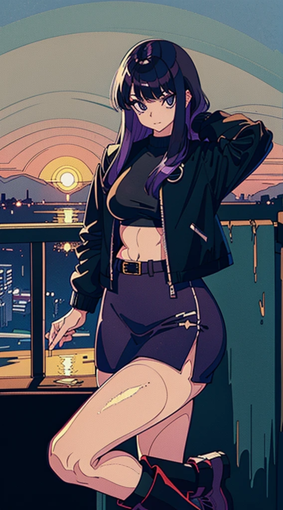 1990s, (masterpiece), high-definition, detailed face, cute girl, abs, (big tits: 1.4) big hips, round ass, (black hair with dark purple highlights: 1.4), (tight grey t-shirt: 1.4), (black jacket: 1.4), (purple tight skirt: 1.3), belt, (black thong: 1.2), thigh high stockings, boots, fishnet, pin-up pose, balcony, glass railing, sunset