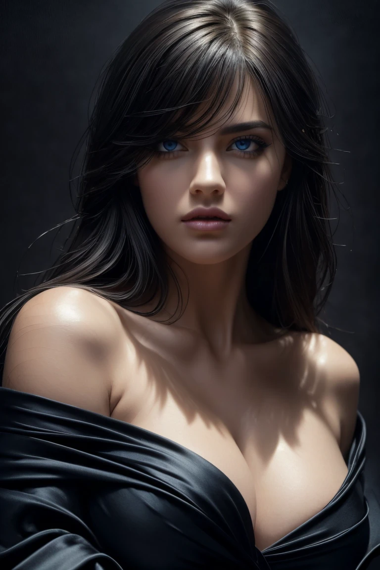 ((Best quality, 8k, Masterpiece :1.3)), ultra-detailed, facing the camera head on, intricately detailed hyperdetailed, realistic, sharp features, highly detailed, sharp focus, perfect face, perfect symmetrically, perfect eyes, perfect full lips, flexible female form, cinematic, film light, hyper detailed, hyper realistic, masterpiece, atmospheric, high resolution, vibrant, dynamic studio lighting, nsfw, ((Dark background)), Sexy face, Facial expressions when receiving pleasure, straight Bangs, Big breasts, Exposed cleavage, blue Eyes, black satin fabric, bare shoulders, look at viewer, atmospheric perspective, Volumetric lighting, Clear focus, absurd resolution, Realistic proportions, Good anatomy, (realistic,Hyper-realistic:1.37), 16K HD, INFO, ((Full shot)).