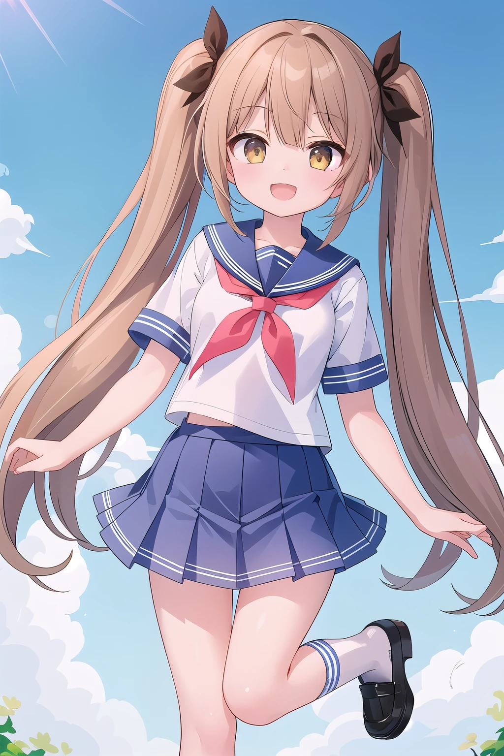 Extremely detailed, disorganized, ultra high resolution, Super detailed, highest quality,
1 girl, alone, nice hands, perfect hands,
break
Yellow eyes,brown hair(twin tails,long),school uniform(short sleeve,white shirt)
壊す
happy smile, smile, open your mouth, Are standing,full body,
destroy slender, cute, perfectly symmetrical face, 超cute girl, 超cute face, highly detailed eyes, Super detailedな髪, 超cute, super beautiful,