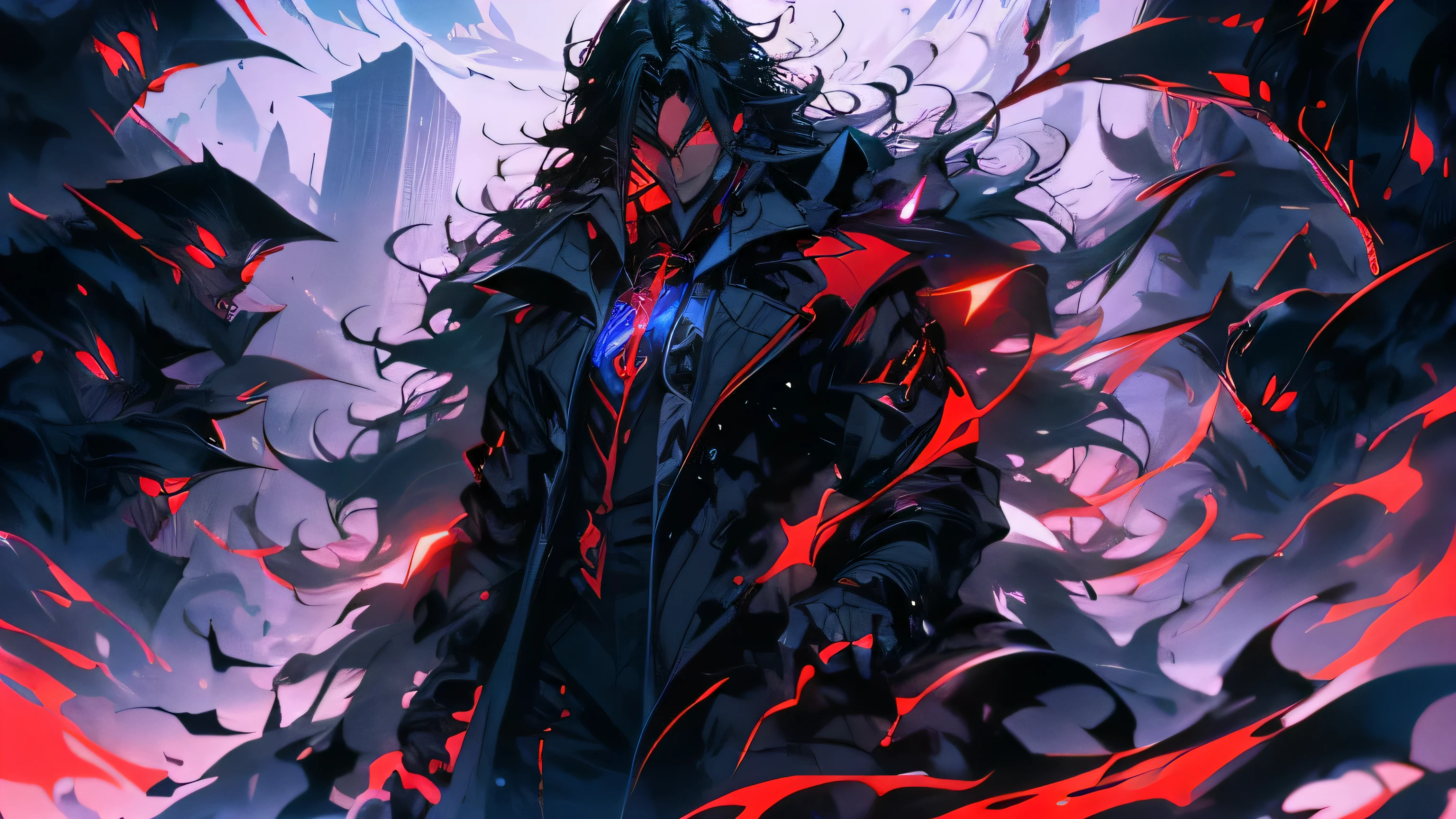 ((Night time)), A ((mysterious)) long black-haired man stands on top of a towering building, ((exuding an aura of power and enigma)). With his ((mesmerizing)) water-bending ability, he effortlessly floats in mid-air, as crimson liquid swirls and dances around him, creating a captivating spectacle of ((fluid elegance)).