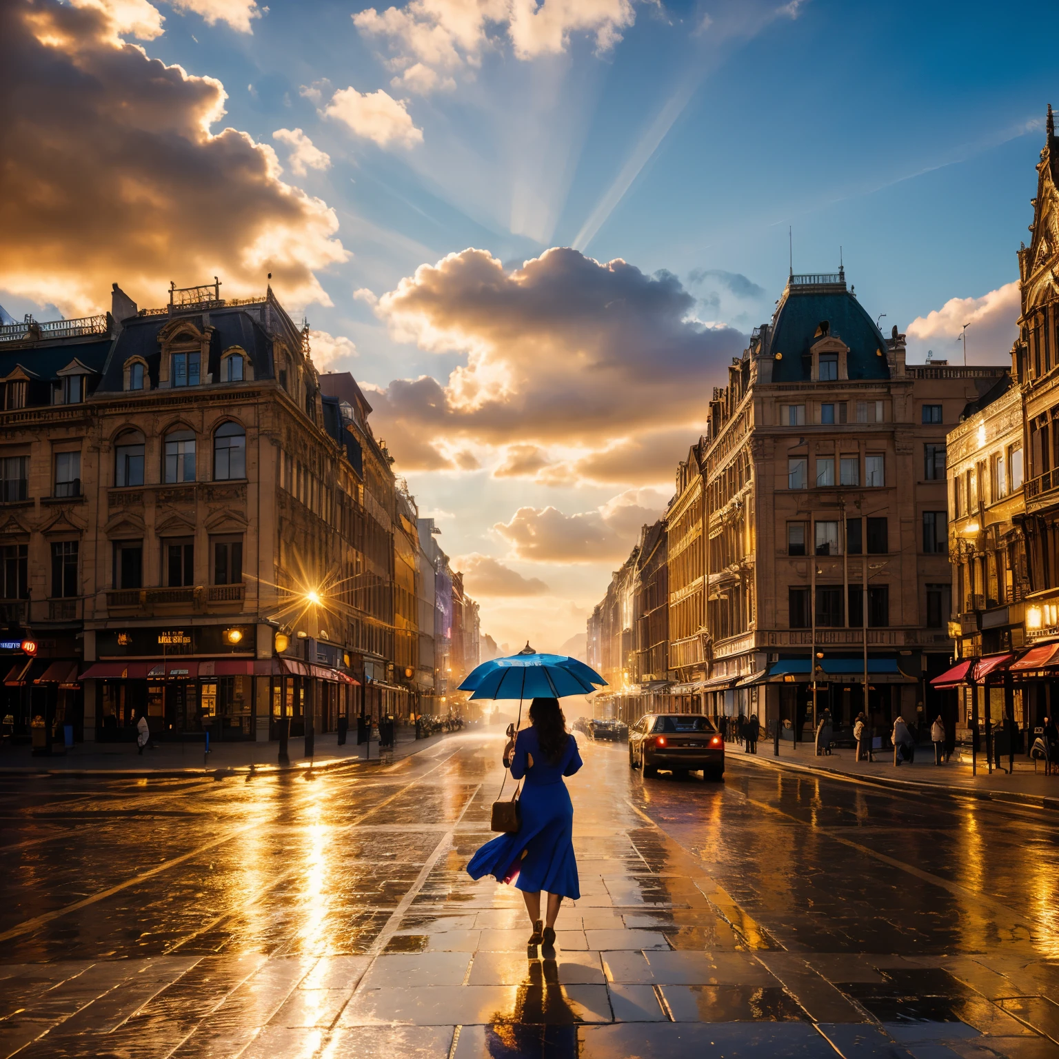 (4K resolution, Raw-Photo, ultra-detailed: 1.2), A mesmerizing photograph capturing the essence of a beautiful woman standing under a colorful umbrella, Theatrical lighting: 0.7, Paraguas, a bustling cityscape as the backdrop, (dynamic composition), vibrant colors, lively atmosphere, charming architecture, intricate details, highly detailed skin texture, (blush: 0.5), (goosebumps: 0.5), warm sunlight peeking through the clouds, cinematic lighting, golden rays of sunshine, picturesque scene, stunning view, (golden ratio, masterfully composed: 1.2), (best quality, high-budget: 1.4), the epitome of elegance