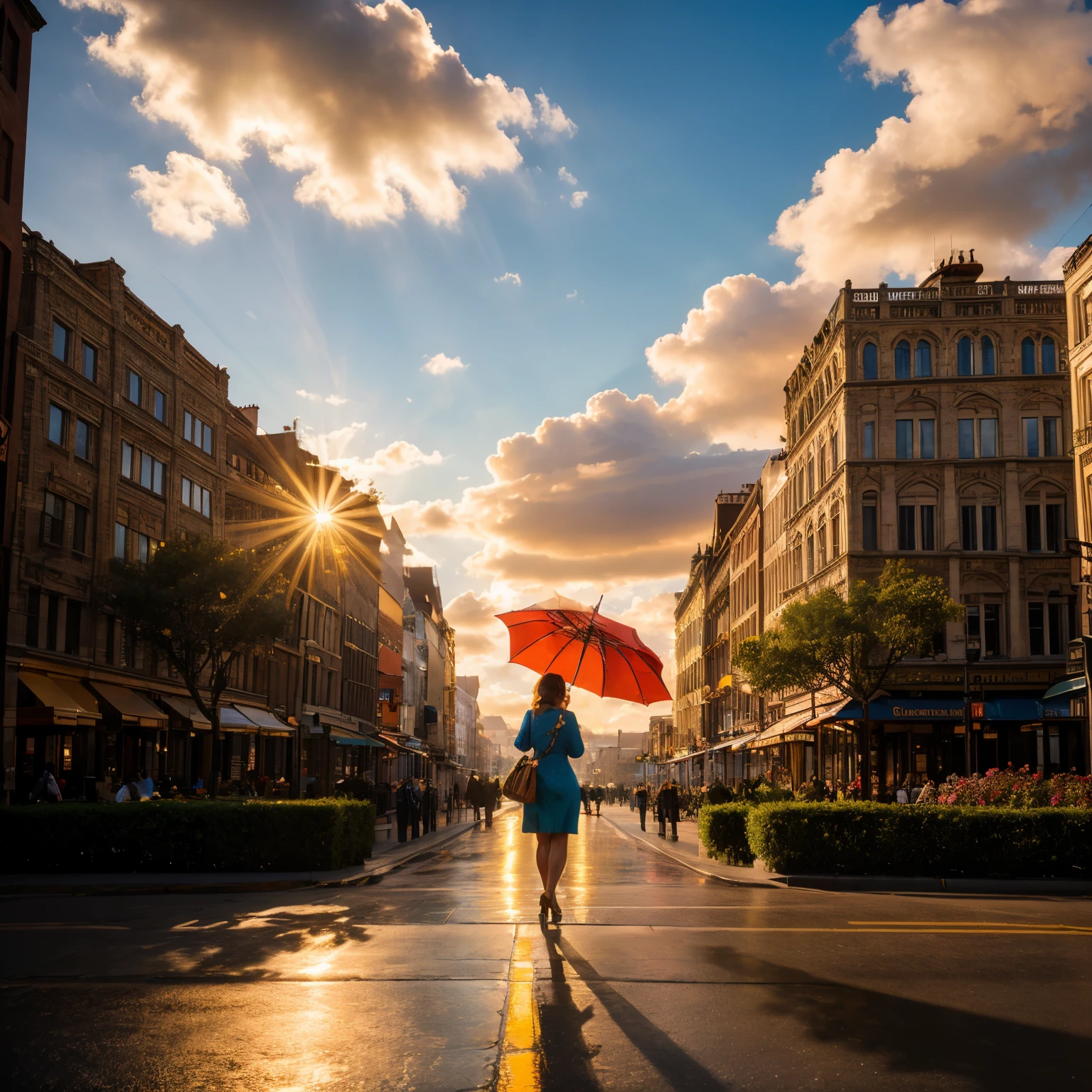 (4K resolution, Raw-Photo, ultra-detailed: 1.2), A mesmerizing photograph capturing the essence of a beautiful woman standing under a colorful umbrella, Theatrical lighting: 0.7, Paraguas, a bustling cityscape as the backdrop, (dynamic composition), vibrant colors, lively atmosphere, charming architecture, intricate details, highly detailed skin texture, (blush: 0.5), (goosebumps: 0.5), warm sunlight peeking through the clouds, cinematic lighting, golden rays of sunshine, picturesque scene, stunning view, (golden ratio, masterfully composed: 1.2), (best quality, high-budget: 1.4), the epitome of elegance