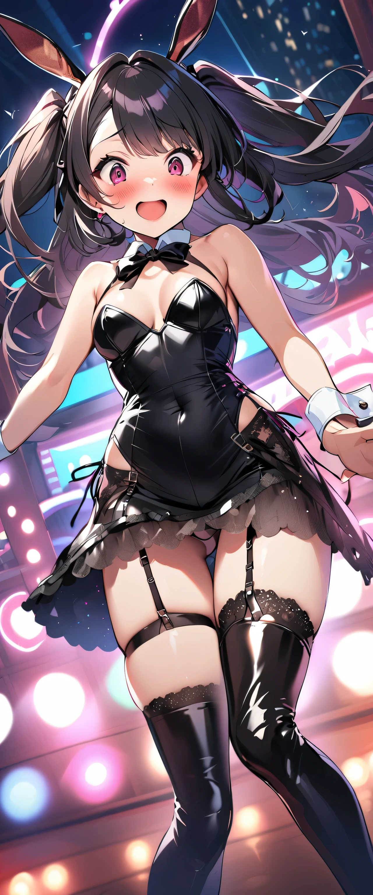 woman,20-year-old,,party venue,night,(((Bunny girl))),open mouth smile((leather thigh high boots))(garter belt),((black hair)),blush、surprised face,