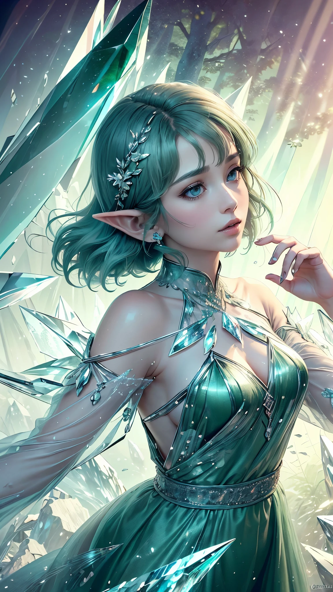 (Masterpiece, Top Quality, Best, Official Art, Beautiful and Aesthetic, Long Exposure: 1.2), Smooth Movement, Charming Patterns, 1 Girl, (Long Dress with Sleeves: 1.3), (((Green Clothes) )), upper body close-up, bare shoulders, Chinese girl, blush, black lob hair, portrait, solo, upper body, looking at the observer, detailed background, detailed face, (crystallineAI, crystalline theme:1.1), elemental wood elf, rotation foliage, control foliage, emerald clothing, dynamic pose, floating particles, ethereal dynamics, foliage, vapor, forest in the background, green tint, forest, ethereal atmosphere, detailed face, detailed eyes, detailed hands