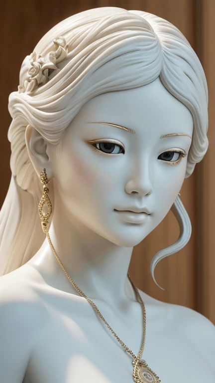 (masterpiece, Best quality, A high resolution:1.4), detailed, many small details, complex intricate details, filigree execution; 8K; detailed life-size statue of a miniature beautiful nude Asian girl in full height; material: highly polished white marble, including the eyes, plant environment; increased detail of the face and hands, realistic shine of polished marble; line art, art, Fibonacci,