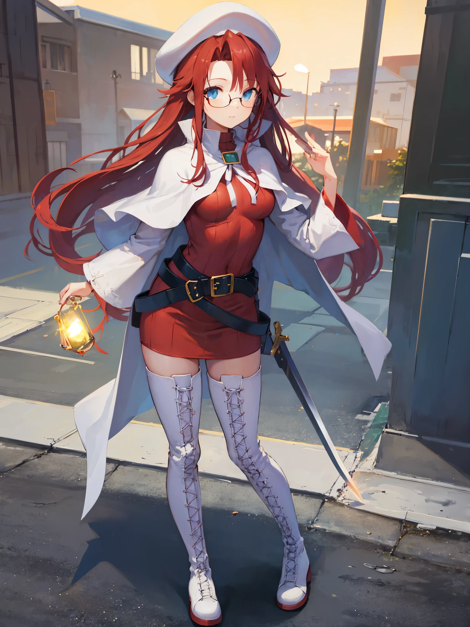 summonnightaty, aty, long hair, blue eyes, red hair, beret, hat, glasses,
BREAK long hair, thighhighs, hat, dress, boots, glasses, belt, cape, sweater, zettai ryouiki, beret, thigh boots, white footwear, ribbed sweater, loose belt,solo,
BREAK outdoors, fantasy_town,
BREAK (masterpiece:1.2), best quality, high resolution, unity 8k wallpaper, (illustration:0.8), (beautiful detailed eyes:1.6), extremely detailed face, perfect lighting, extremely detailed CG, (perfect hands, perfect anatomy),covered_nipples,covered_navel,light_smile ,(half_eyes:1.4),sword,armpit,sleepy,dynamic_standing,barrel,red_sweater,apart_legs,