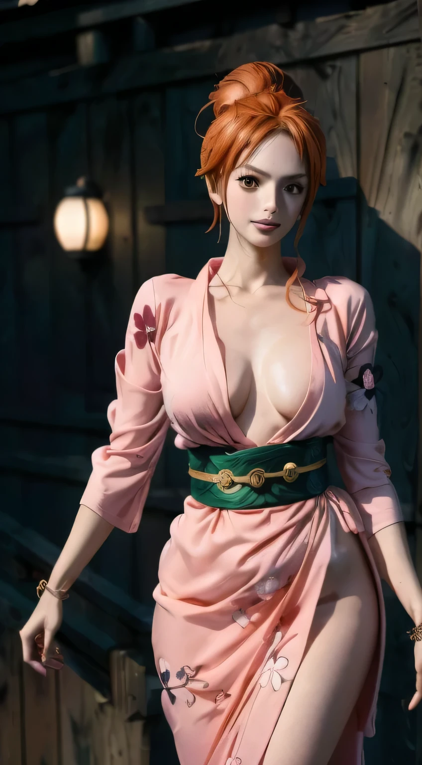 Nami, One Piece \(series\), One Piece arc Wanokuni, anime art style, masterpiece, (pink floral kimono), (kimono), ponytail hair, orange hair, Climate Baton, Clima-Tact, 1girl, solo, (Looking at the Audience), wink eye, holding a piece of gold, closed mouth, elbow sleeve, eyes visible through hair, floating hair, foreshortening, green eyes, hair intakes, orange hair, tattoo on arm, (large breasts), plumpy body, v-shaped eyebrows, (dynamic poses), detailed background, outdoor, cherry blossoms, sky, (ultra detailed), (8k, intricate), (85mm), light particles, lighting, full body, (highly detailed:1.2), (gradients), sfw, colorful, (detailed background), (rule of third_composition:1.3), (Line of action:1.2), daylight, solo, sexy posing, beautiful geisha